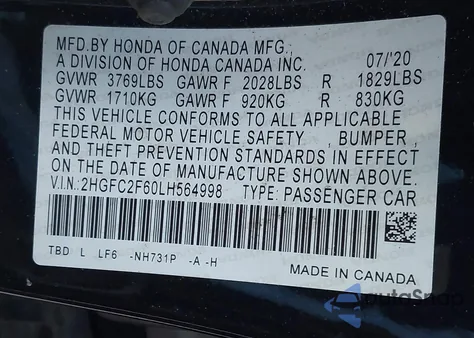 2020 Honda Civic Lx z USA, uszkodzony, nr VIN 2HGFC2F60LH564998